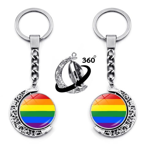 Rotating Moon Rainbow Keychain LGBTQ Pride Flag Zinc Alloy Glass Cabochon Pendant Key Ring Love Is Love More Love Less Hate Jewelry Gift