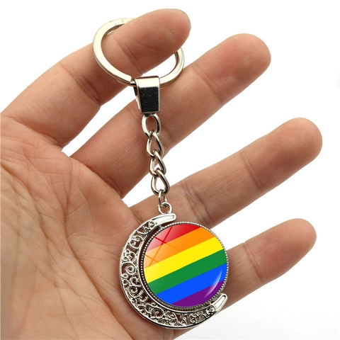 Rotating Moon Rainbow Keychain LGBTQ Pride Flag Zinc Alloy Glass Cabochon Pendant Key Ring Love Is Love More Love Less Hate Jewelry Gift