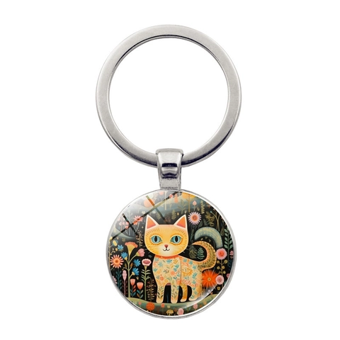 Llavero de Gato Artístico con Cabujón de Vidrio Aleación de Zinc Plata Animal Patrón Floral Colgante de Bolso Joyería Mujer