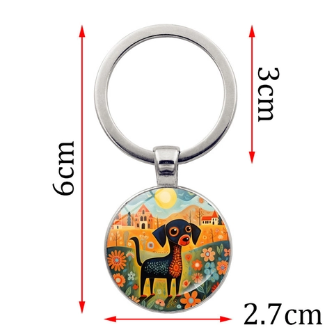Künstlerisch Abstrakt Hund Illustration Metall Schlüsselanhänger Zinklegierung Glas Zeitstein Schlüsselring Für Tasche Auto Anhänger Unisex