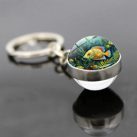 Portachiavi a Sfera di Vetro a Doppia Faccia Tema Oceano Lega di Zinco Vita Marina Stella Marina Balena Ciondolo Anello Chiave Per Decorazione Zaino Souvenir Regalo