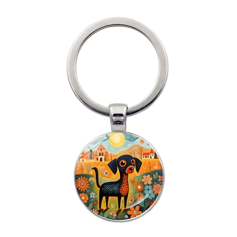 Künstlerisch Abstrakt Hund Illustration Metall Schlüsselanhänger Zinklegierung Glas Zeitstein Schlüsselring Für Tasche Auto Anhänger Unisex