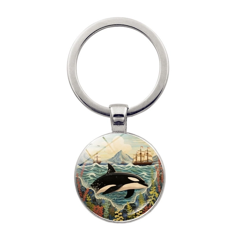 Llavero de Aleación de Zinc Vida Marina Artística Con Cabujón de Vidrio Tortuga Marina Orca Caballito de Mar Colgante Redondo Regalo
