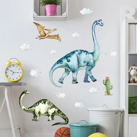 Stickers Muraux Dinosaure Aquarelle PVC Auto-Adhésif Animaux Dessin Animé Nuages Pour Chambre D'enfant Décoration