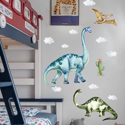 Stickers Muraux Dinosaure Aquarelle PVC Auto-Adhésif Animaux Dessin Animé Nuages Pour Chambre D'enfant Décoration