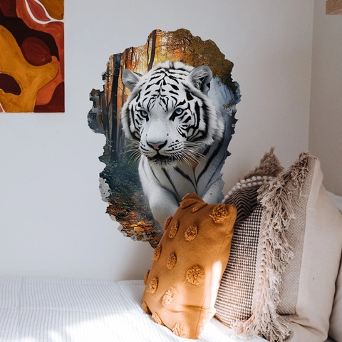 3D White Tiger Wall Sticker PVC Self Adhesive Broken Wall Effect Forest Background Animal Decor For Living Room Bedroom