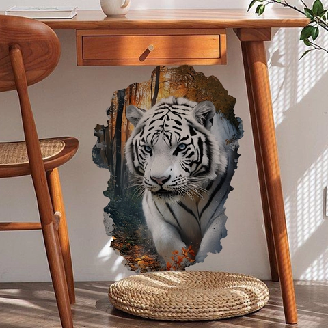 3D White Tiger Wall Sticker PVC Self Adhesive Broken Wall Effect Forest Background Animal Decor For Living Room Bedroom
