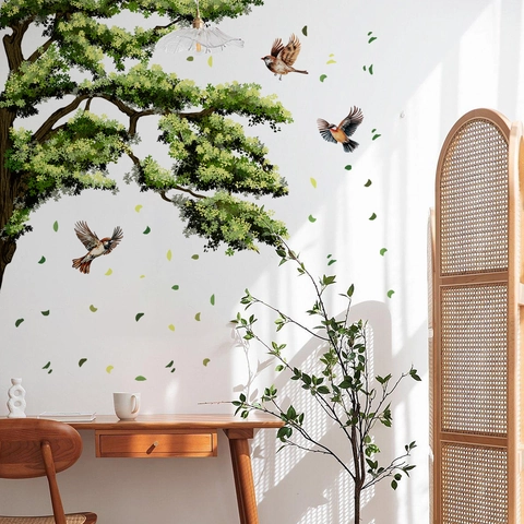 Grüner Baumzweig Vogel Wandaufkleber PVC Selbstklebend Abnehmbar Natur Wandtattoos Für Kinderzimmer Schlafzimmer Wohnzimmer Deko