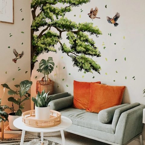 Grüner Baumzweig Vogel Wandaufkleber PVC Selbstklebend Abnehmbar Natur Wandtattoos Für Kinderzimmer Schlafzimmer Wohnzimmer Deko