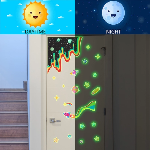 Adesivi Murali Galassia Cielo Stellato Fluorescenti al Buio per Cameretta Bambini Razzo Spaziale Pianeta UFO PVC Autoadesivi