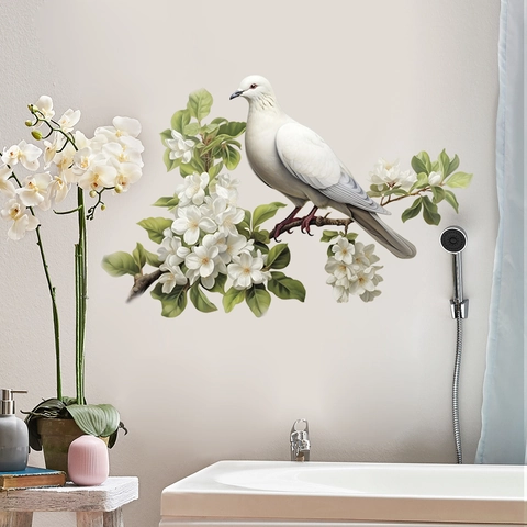 Autocollant Mural Branche De Fleurs Pigeon Blanc PVC Auto Adhésif Amovible Décor Pour Chambre Salon