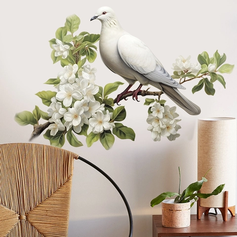 Autocollant Mural Branche De Fleurs Pigeon Blanc PVC Auto Adhésif Amovible Décor Pour Chambre Salon