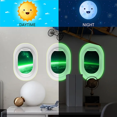 Airplane Window Outer Space Wall Stickers Glow In The Dark Fluorescent PVC Self Adhesive 3D Visual Decals For Kids Room