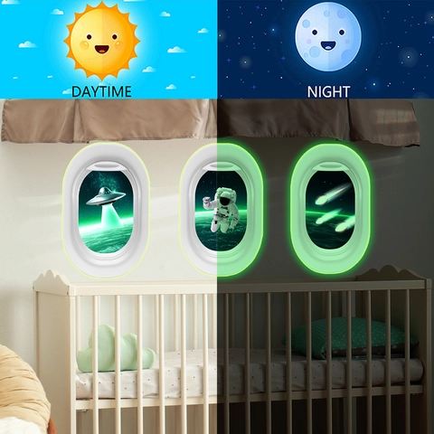 Airplane Window Outer Space Wall Stickers Glow In The Dark Fluorescent PVC Self Adhesive 3D Visual Decals For Kids Room