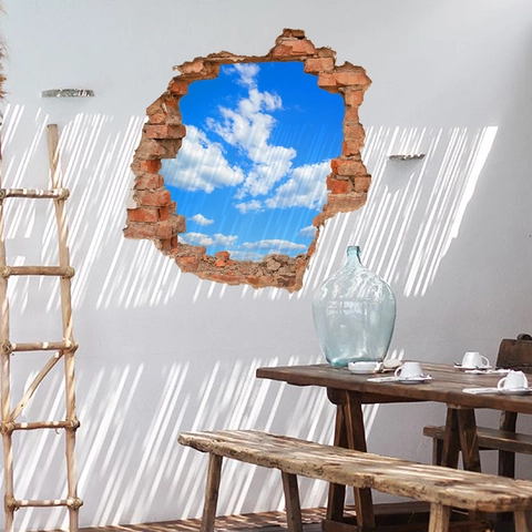 3D Broken Wall Sticker Blue Sky White Clouds PVC Self Adhesive Waterproof Home Decor Mural For Living Room Bedroom