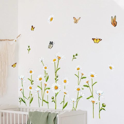 Daisy Butterfly Wall Stickers PVC Self Adhesive Removable Waterproof Decals For Nursery Kids Bedroom Home Decor Modern