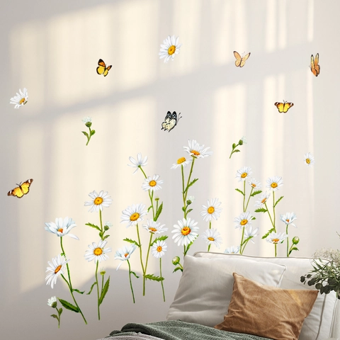 Daisy Butterfly Wall Stickers PVC Self Adhesive Removable Waterproof Decals For Nursery Kids Bedroom Home Decor Modern