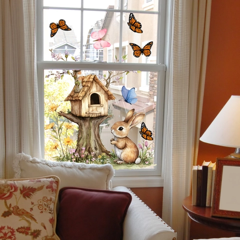 Aquarell Hase Fensteraufkleber Baumhaus Schmetterling Statisch Haftend PVC Abnehmbare Wandtattoos Für Kinderzimmer Heimdekor