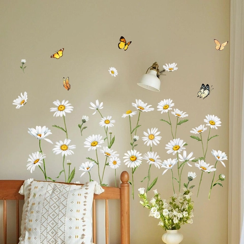 Fresh Daisy Flower And Butterfly Wall Stickers PVC Self Adhesive Removable Floral Wall Decals For Living Room Bedroom Home Decor
