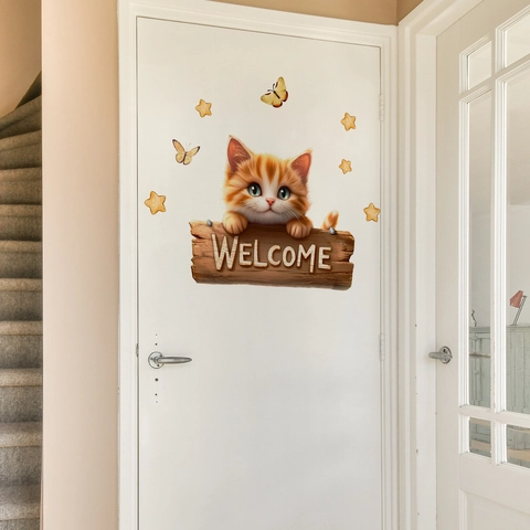 Sticker Mural Chat Orange Dessin Animé Panneau Bienvenue PVC Auto-Adhésif Décoration Maison Pour Chambre Enfant Salon Porte