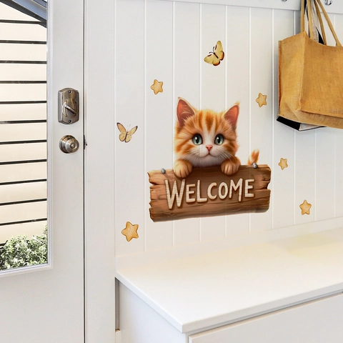 Sticker Mural Chat Orange Dessin Animé Panneau Bienvenue PVC Auto-Adhésif Décoration Maison Pour Chambre Enfant Salon Porte