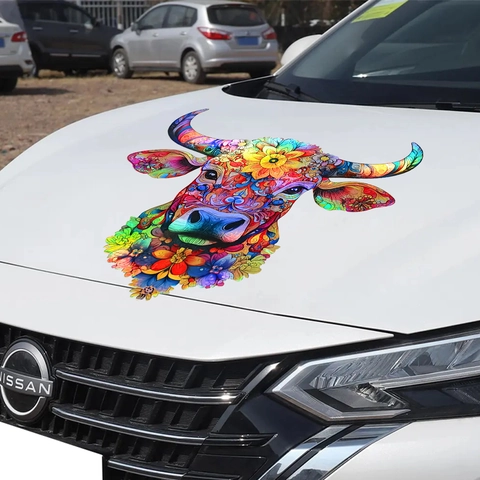 Autocollant Mural Tête De Taureau Laser Irisé Motif Mandala Floral Coloré PVC Imperméable Autocollant Déco Maison