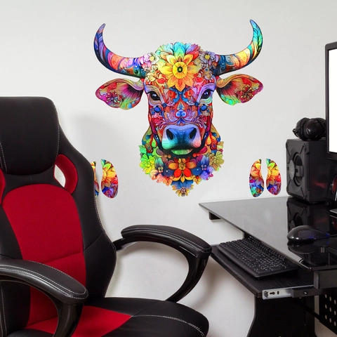 Autocollant Mural Tête De Taureau Laser Irisé Motif Mandala Floral Coloré PVC Imperméable Autocollant Déco Maison
