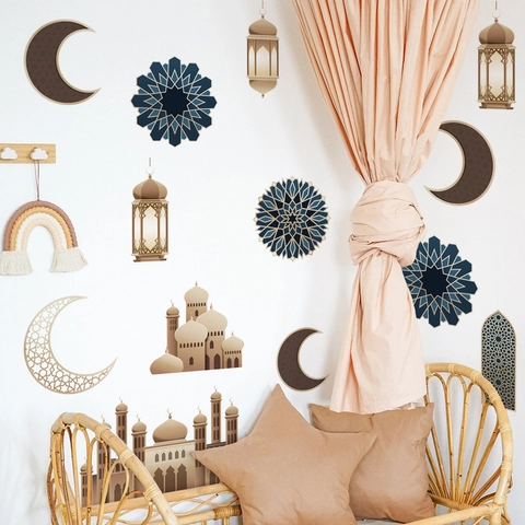 Adesivi Murali Ramadan Moschea Islamica Luna Lanterna Modello PVC Autoadesivo Rimovibile Decorazione Domestica
