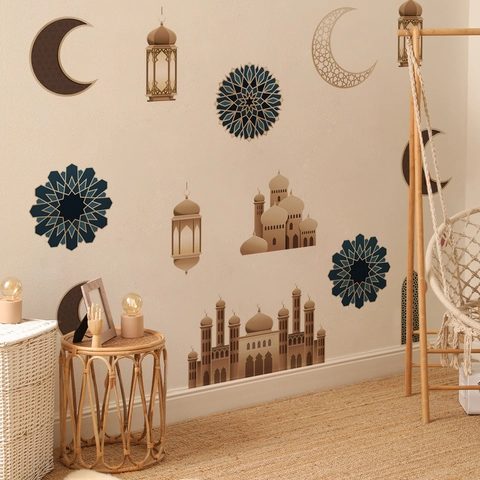 Adesivi Murali Ramadan Moschea Islamica Luna Lanterna Modello PVC Autoadesivo Rimovibile Decorazione Domestica