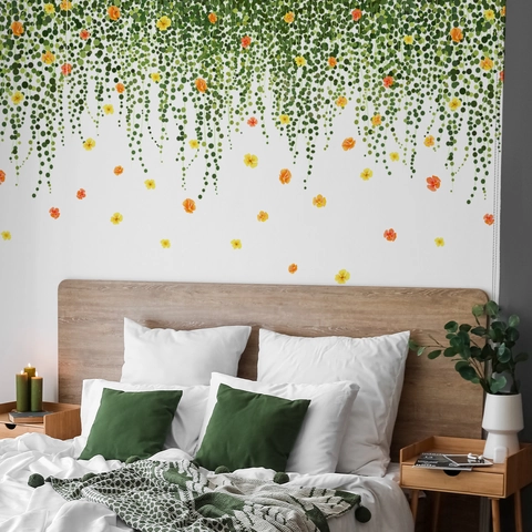Hängende Grüne Ranke Blumen Wandtattoo Gelbe Orange Blüten PVC Selbstklebend Abnehmbar Dekoration Für Wohnzimmer Schlafzimmer