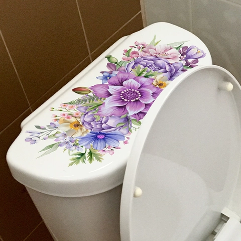 Autocollant De Toilette De Salle De Bain À Fleurs Aquarelle Décalcomanie Auto Adhésive En PVC Amovible Et Imperméable