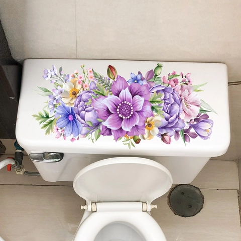 Autocollant De Toilette De Salle De Bain À Fleurs Aquarelle Décalcomanie Auto Adhésive En PVC Amovible Et Imperméable