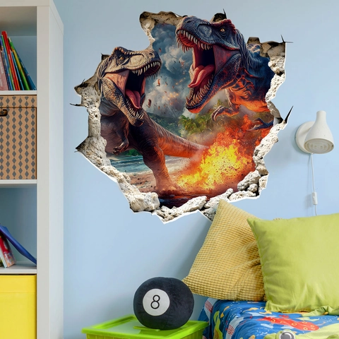 3D Dinosaur Wall Sticker Cracked Wall T-Rex Decal Boys Bedroom Kids Room PVC Waterproof Self Adhesive Art Mural Home Decor