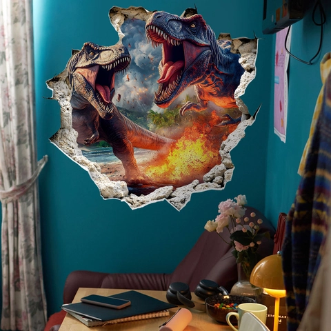 3D Dinosaur Wall Sticker Cracked Wall T-Rex Decal Boys Bedroom Kids Room PVC Waterproof Self Adhesive Art Mural Home Decor