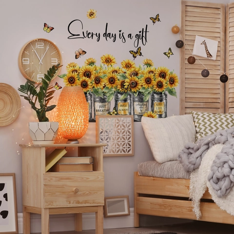 Sunflower Butterfly Wall Stickers PVC Waterproof Inspirational Quotes Decal Self Adhesive Home Decor For Living Room
