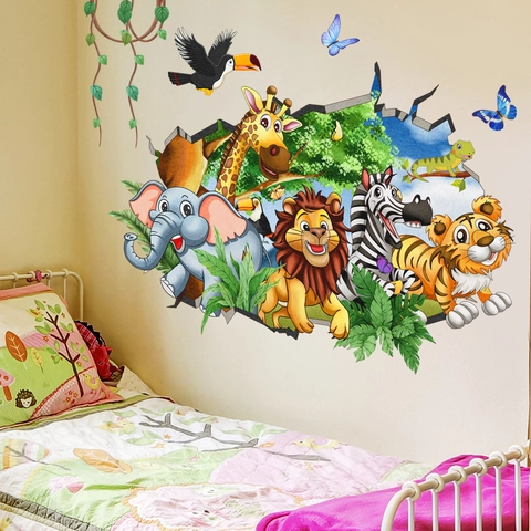 3D Cartone Animato Animali della Giungla Effetto Parete Rotta Adesivi Murali Impermeabile PVC Decalcomanie per Bambini Casa