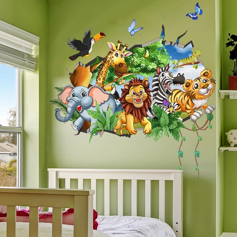 3D Cartone Animato Animali della Giungla Effetto Parete Rotta Adesivi Murali Impermeabile PVC Decalcomanie per Bambini Casa