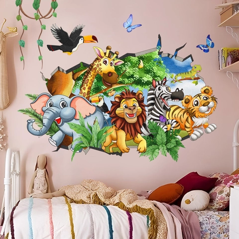 3D Visuele Cartoon Dier Door De Muur Sticker Creatieve PVC Verwijderbare Jungle Safari Sticker Voor Kinderkamer Woonkamer Huis Decoratie