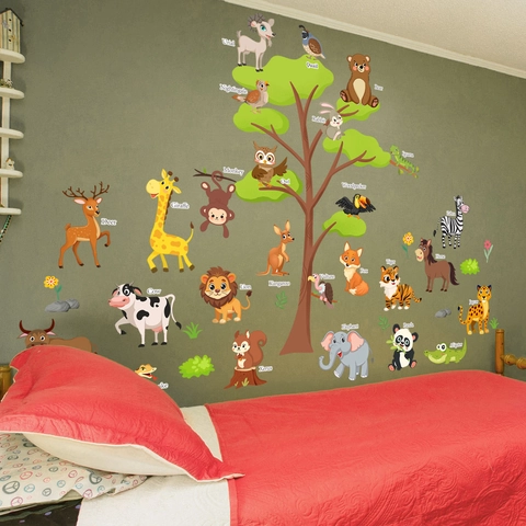 Cartoon Animals Tree Wall Stickers PVC Educational Alphabet Decals For Kids Room Nursery Decor Self-Adhesive Removable