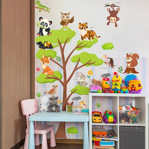 Cartoon Animals Tree Wall Stickers PVC Educational Alphabet Decals For Kids Room Nursery Decor Self-Adhesive Removable