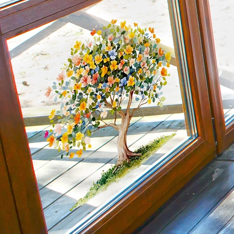Aquarell Blumenbaum Fensteraufkleber Statisch Haftend PVC Doppelseitig Sichtbar Glastür Dekoration Wasserdicht