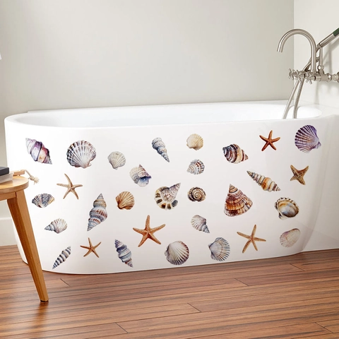 Adesivi Murali Vita Marina Conchiglia Stella Marina Impermeabile PVC Autoadesivo Decorazione Bagno Stile Acquerello