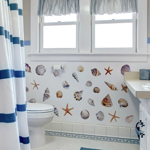 Adesivi Murali Vita Marina Conchiglia Stella Marina Impermeabile PVC Autoadesivo Decorazione Bagno Stile Acquerello