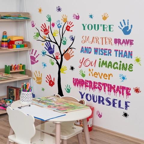 Adesivi Murali Citazioni Ispiratrici PVC Impermeabile Impronte Colorate Albero Per Cameretta Bambini Asilo Aula