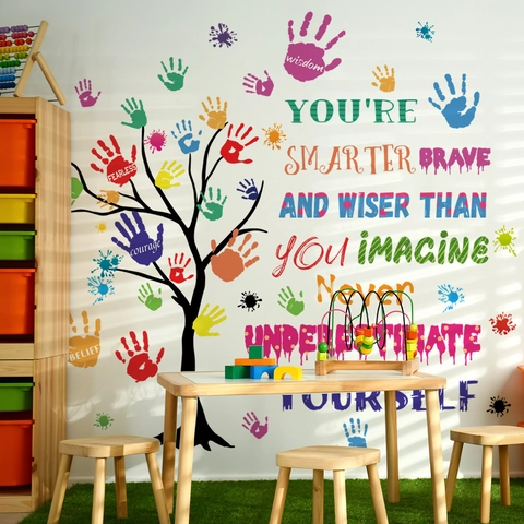 Adesivi Murali Citazioni Ispiratrici PVC Impermeabile Impronte Colorate Albero Per Cameretta Bambini Asilo Aula
