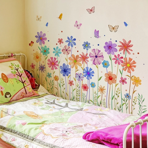 Watercolor Floral Butterfly Wall Stickers PVC Removable Self Adhesive Flower Decals For Bedroom Living Room Nursery Home Decor