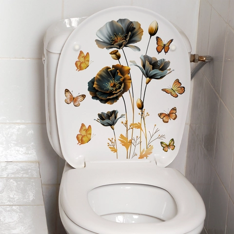 Sticker Mural Fleurs Papillons PVC Auto-adhésif Amovible Imperméable Décalcomanie Pour Salle De Bain Toilettes Maison Décor Moderne