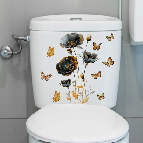 Sticker Mural Fleurs Papillons PVC Auto-adhésif Amovible Imperméable Décalcomanie Pour Salle De Bain Toilettes Maison Décor Moderne