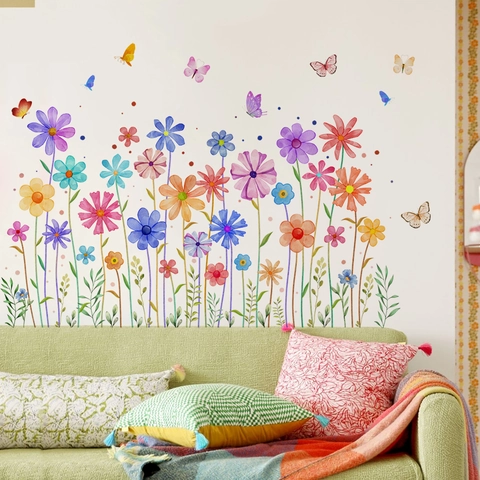 Watercolor Floral Butterfly Wall Stickers PVC Removable Self Adhesive Flower Decals For Bedroom Living Room Nursery Home Decor