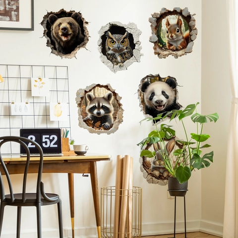 Wall Stickers 3D Broken Wall Animal Decals PVC Waterproof Removable Realistic Forest Animals For Home Bedroom Decor